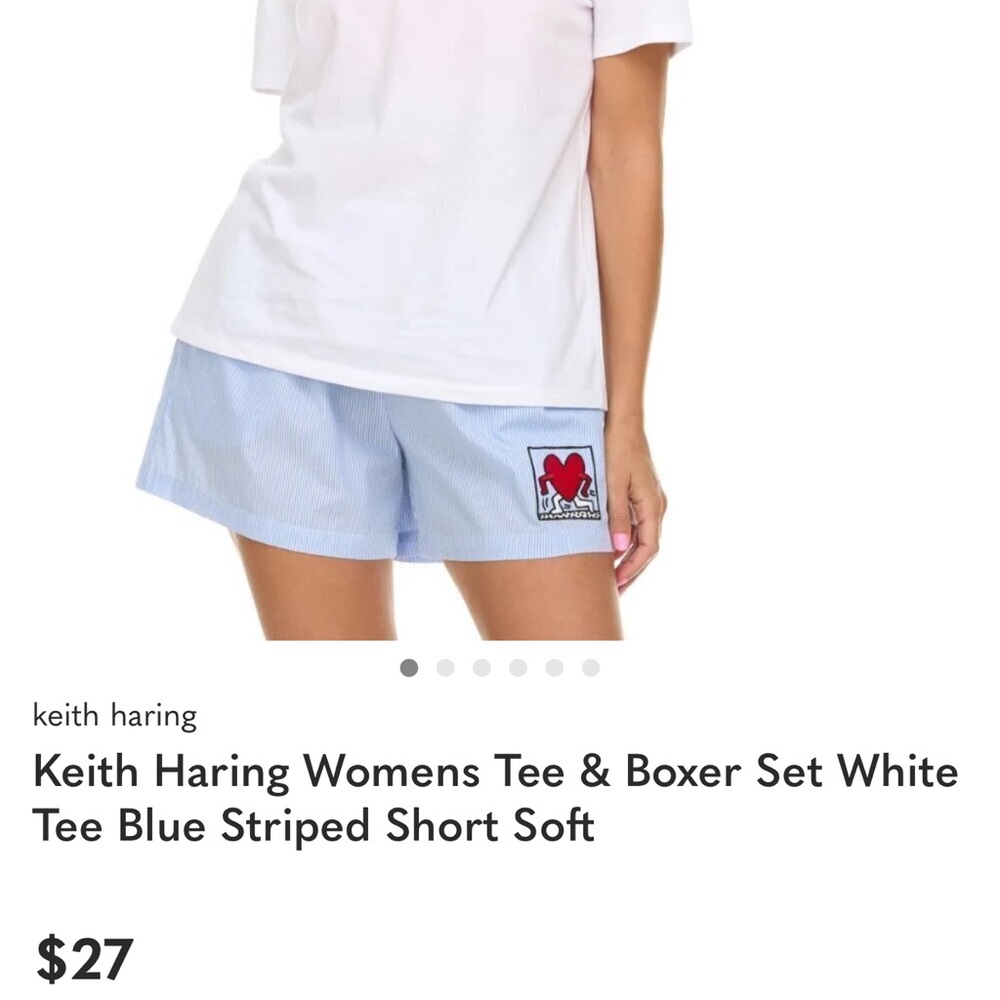 Keith Haring Women's Blue Striped Shorts with Red Heart Patch - Picture 3 of 4